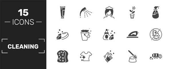 Fototapeta premium cleaning icon set with cream cleanin, wiping woman head, rose cleanin, garbage truck cleanin signs in filled style. solid icons for ui, web and printing