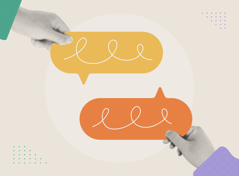 Halftone collage illustration of business communication concept with hands holding colorful speech bubbles representing dialogue.