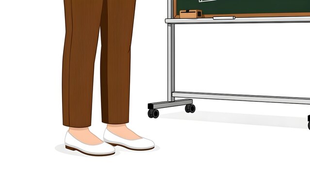 Minimalist Illustration of Woman Feet Standing in Front of Chalkboard Representing Female Teacher, Classroom Lecture, Public Speaking, and Academic Education Concept