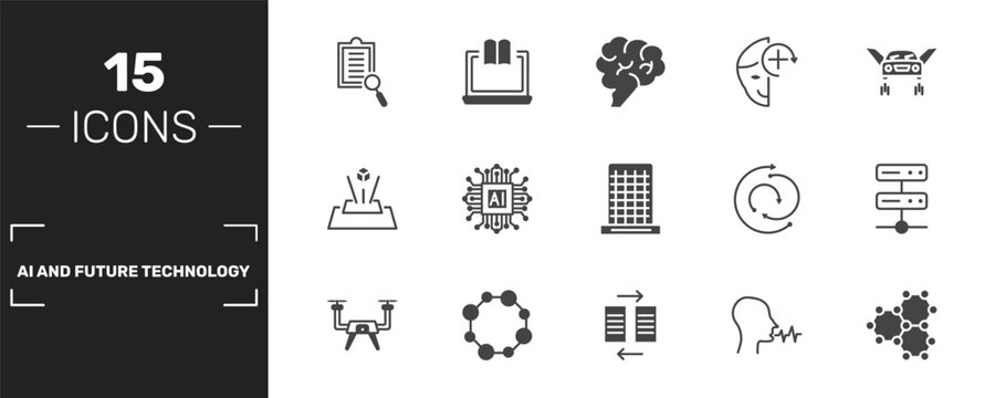 ai and future technology icon set with evaluation, brain, deformity, graphene signs in filled style. solid icons for ui, web and printing