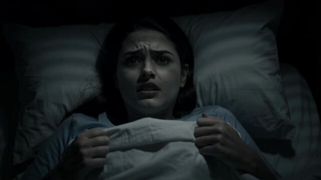 Young woman lying in bed gripping blanket tightly with wide fearful eyes at night