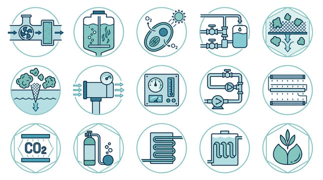 A collection of flat vector icons representing various industrial and environmental engineering processes