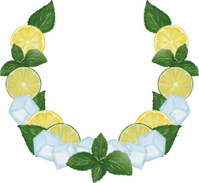 Wreath temlates with lemons, limes, mint and ice. Made in Procreate in Watercolour technique. PNG file. 300 DPI