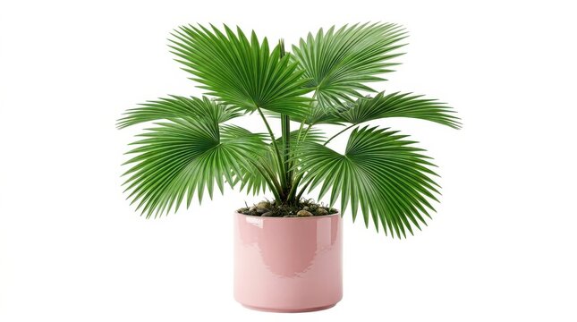 Licuala grandis fan palm houseplant in a pink ceramic pot, isolated on white background