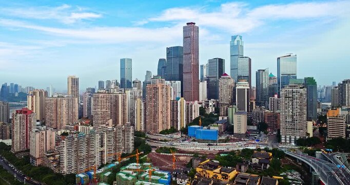 Aerial drone view of the modern city skyline and skyscrapers in Chongqing, China