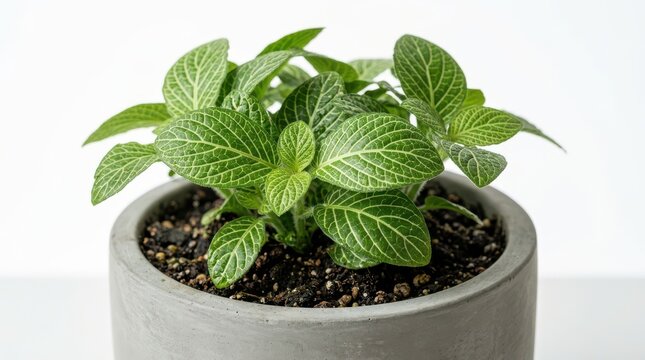 Nerve plant or fittonia albivenis with green leaves and white veins in a grey concrete pot