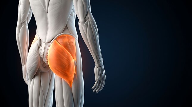 3D anatomical illustration of the human gluteus maximus muscle highlighted in orange on a dark background, showcasing posterior view.