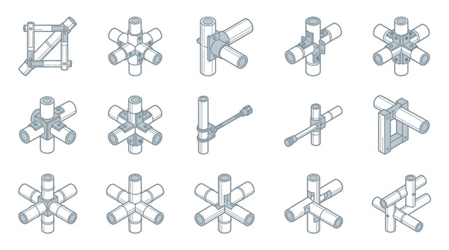 A collection of various industrial metal pipe connectors and structural joints