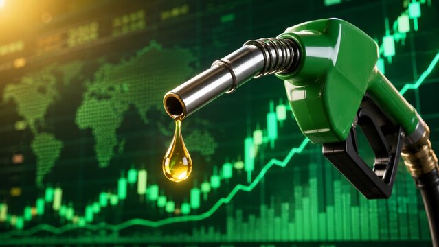 A fuel nozzle dripping oil against a backdrop of financial graphs, symbolizing the relationship between energy prices and market trends.