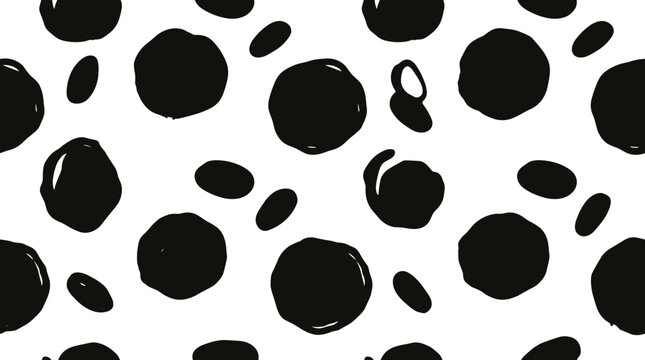 Seamless pattern of hand-drawn black ink circles and dots of various sizes scattered on a plain white background, creating a minimalist abstract texture