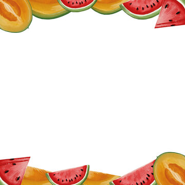 Watercolor frames with watermelon and melon made in Procreate in Watercolour technique. PNG file. 300 DPI