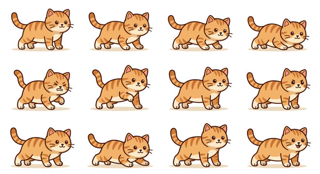 A collection of cute orange tabby cat character sprites in various walking poses