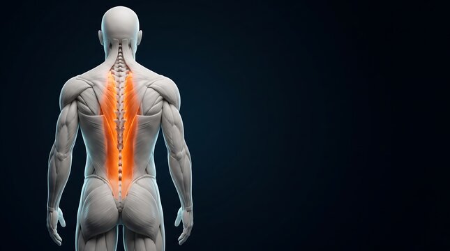 3D rendering of a human male back with the spine and surrounding muscles highlighted in orange, indicating pain or focus on the vertebral column.
