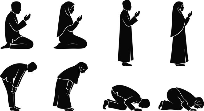 Set of eight black and white silhouettes of muslim men and women performing islamic prayer rituals on a white background