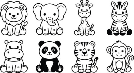 Set of eight cute baby animals including lion elephant giraffe zebra hippo panda tiger and monkey © MD