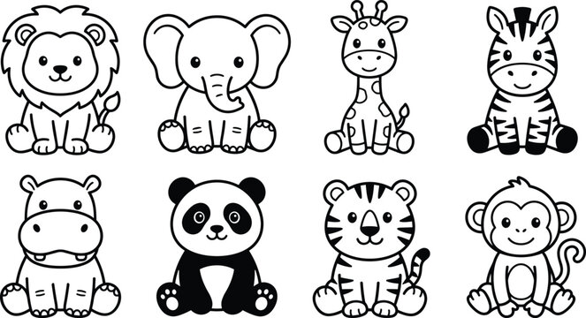 Set of eight cute baby animals including lion elephant giraffe zebra hippo panda tiger and monkey