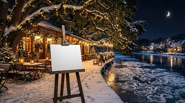 Blank Waterproof Paper Board Mockup in Front of Cozy Riverside Outdoor Caf&eacute; on Christmas Winter Night
