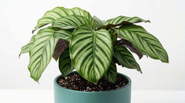 Calathea freddy prayer plant in a teal ceramic pot isolated on white background