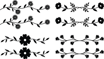Fototapeta premium Decorative floral divider set with black silhouette flowers and leafy vines on white background