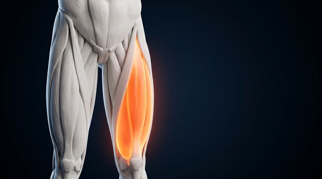 Anatomical illustration of the human leg showing the quadriceps femoris muscle highlighted in orange.