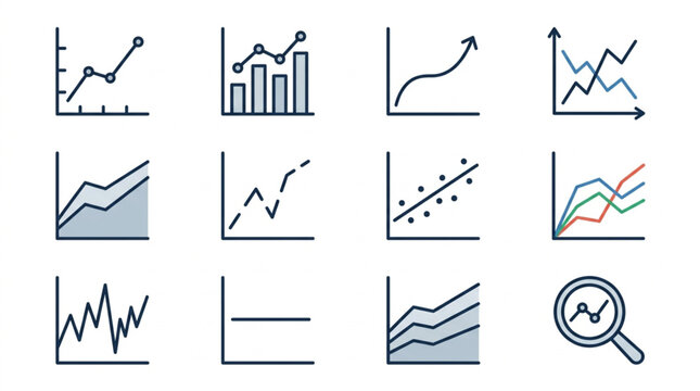 Collection of various hand-drawn graph icons representing data analysis and statistics.