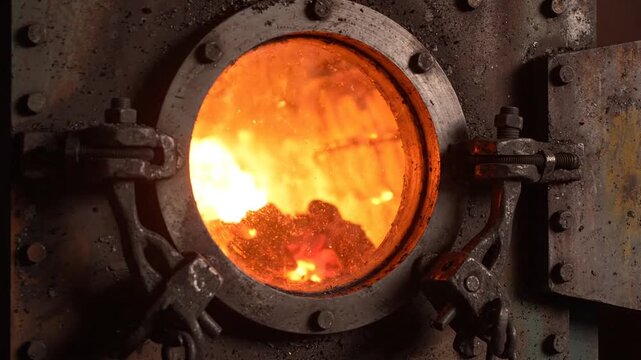 Fiery orange glow of a heat treatment furnace viewed through a small circular window, showcasing intense industrial heat