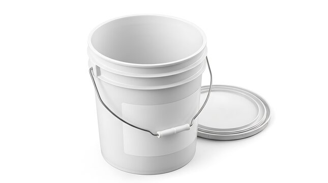 A single empty white plastic bucket with a metal handle and a matching lid sitting on the floor. 5 gallon pail