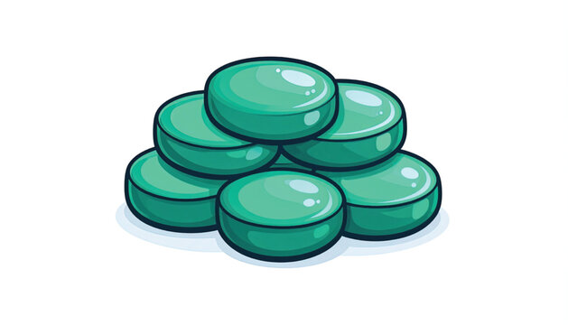 Green pills stacked together closely.