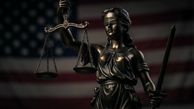 Close up of Lady Justice holding scales and sword with American flag background symbolizing law and justice