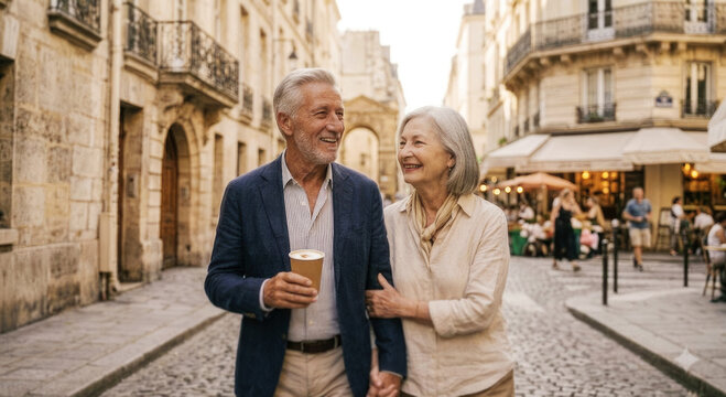 Smiling older couple walking through historic city street representing active retirement lifestyle freedom