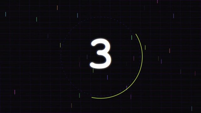 Digital Countdown Timer with Glitch Effects on a Dark Grid Background
