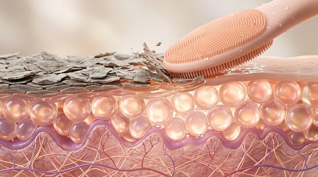 A close up view of a dry skin brush removing dead skin cells from the surface of human skin layers in a medical illustration