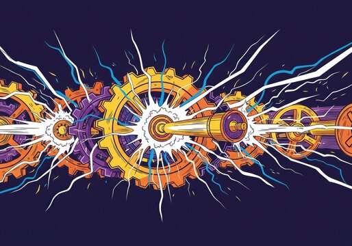 Dynamic Interconnected Gears With Energy Burst Vector Illustration