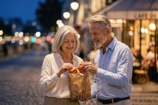 Smiling older man and woman sharing fresh croissant on blurred night Paris street representing shared moments