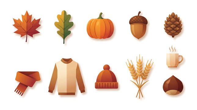 Set of autumn season icons featuring leaves pumpkin clothing and harvest elements.