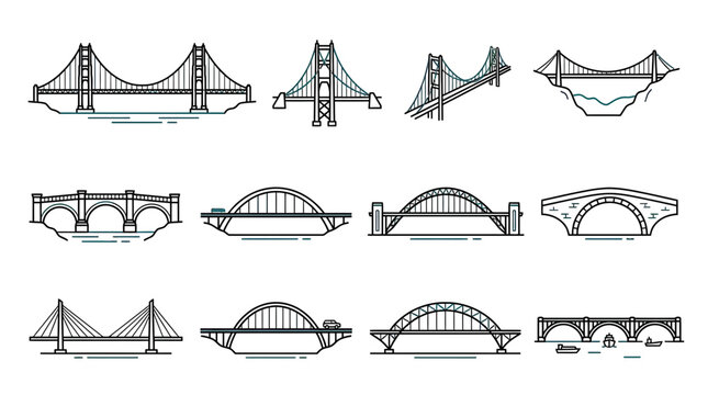 Collection of Diverse Bridge Illustrations: Suspension, Arch, Beam, Cable-Stayed