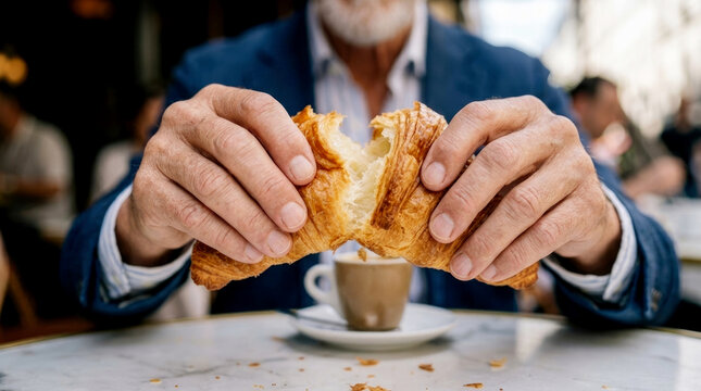 Close up of senior man hands breaking fresh flaky croissant at Parisian cafe symbolizing morning simple pleasures