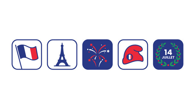 Set of five flat vector graphic app icons representing bastille day celebrations in france featuring the eiffel tower fireworks the french tricolor flag a phrygian cap and festive laurel wreaths
