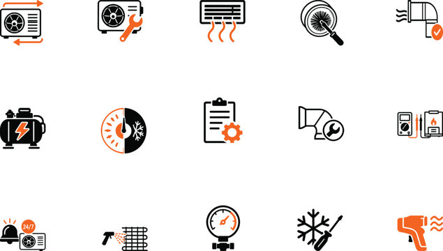Hvac air conditioning and heating system maintenance icon set with conditioning
