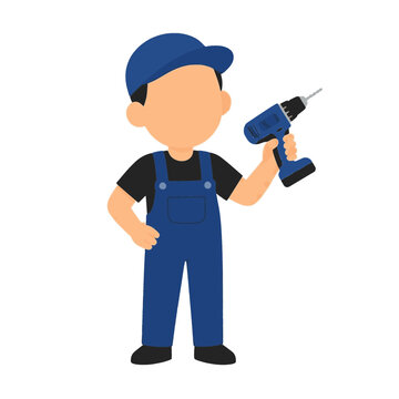 Electric Drill Operator Cartoon Mechanic Character