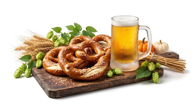 Freshly baked soft pretzels served with a cold glass of lager beer on a wooden board.