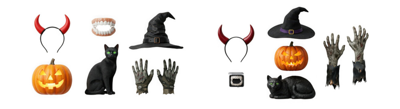 Collection of halloween costume accessories including witch hats, pumpkins, devil horns, and cats isolated on transparent background