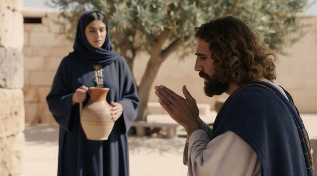Jesus kneels talking to woman holding water jug. Biblical scene unfolds outdoors near stone buildings and tree. Man wears robes, woman headscarf. Religious narrative in ancient setting.