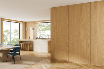 Obraz premium Minimalist wooden interior kitchen and dining area with natural light and modern furniture in warm tones for contemporary architecture design. 3D Rendering