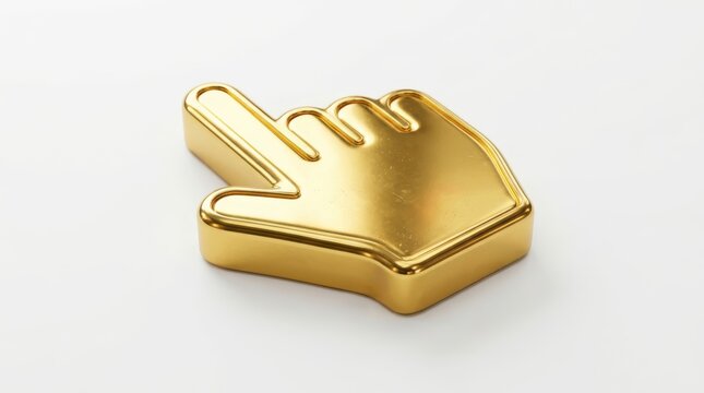 3d render of a glossy golden computer mouse cursor hand icon isolated on white background