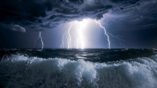 Fierce storm over choppy ocean waves with multiple lightning bolts illuminating the dark sky