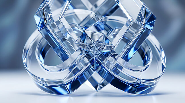 Close-up of a Clear Glass Sculpture with Intricate Intertwined Design on Reflective Surface