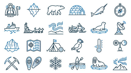 Arctic Icon Set: Polar Bear, Igloo, Aurora, Snowmobile, Narwhal, Iceberg, Ship © mus