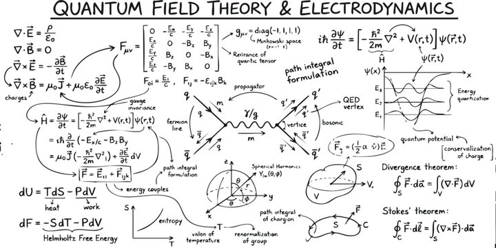 Handwritten notes about quantum field theory and electrodynamics with physics equations and science diagrams