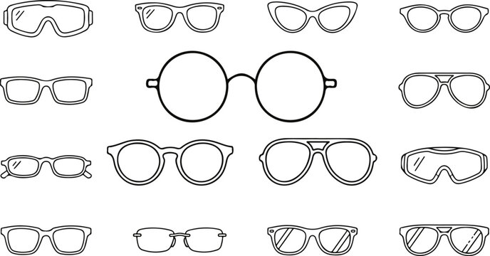 Eyewear and safety goggles line icon set featuring fashion sunglasses eyeglasses and protective sports eyewear vector illustration elements on pure white background 